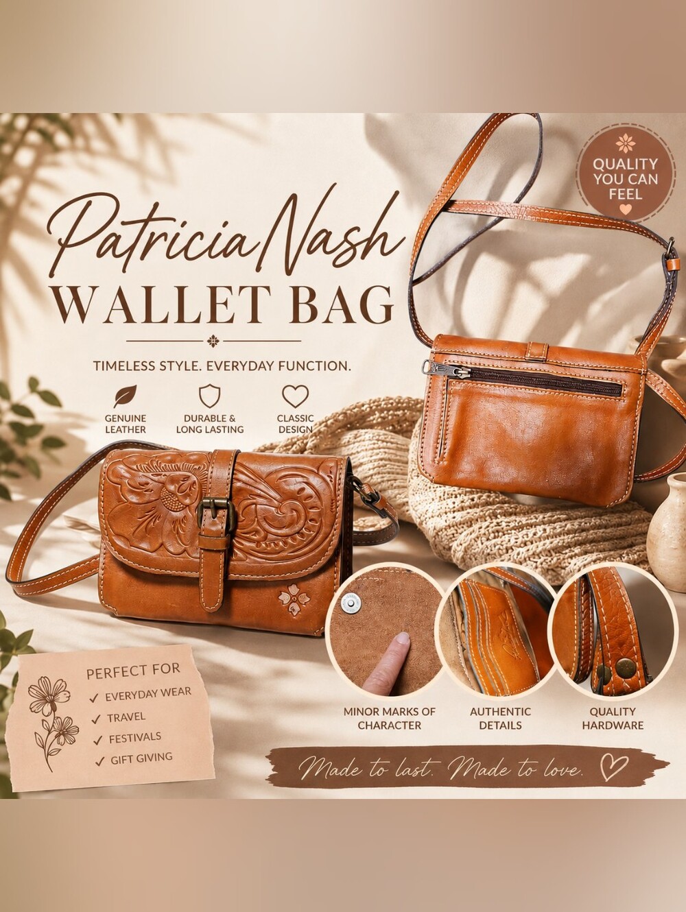 Patricia Nash Tooled Leather Crossbody Wallet Bag Hummingbird Floral